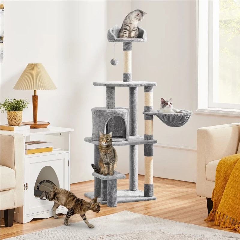 57″ Tall Multi Level Cat Tree with Basket &amp; Condo &amp; Scratching Post, Light Gray