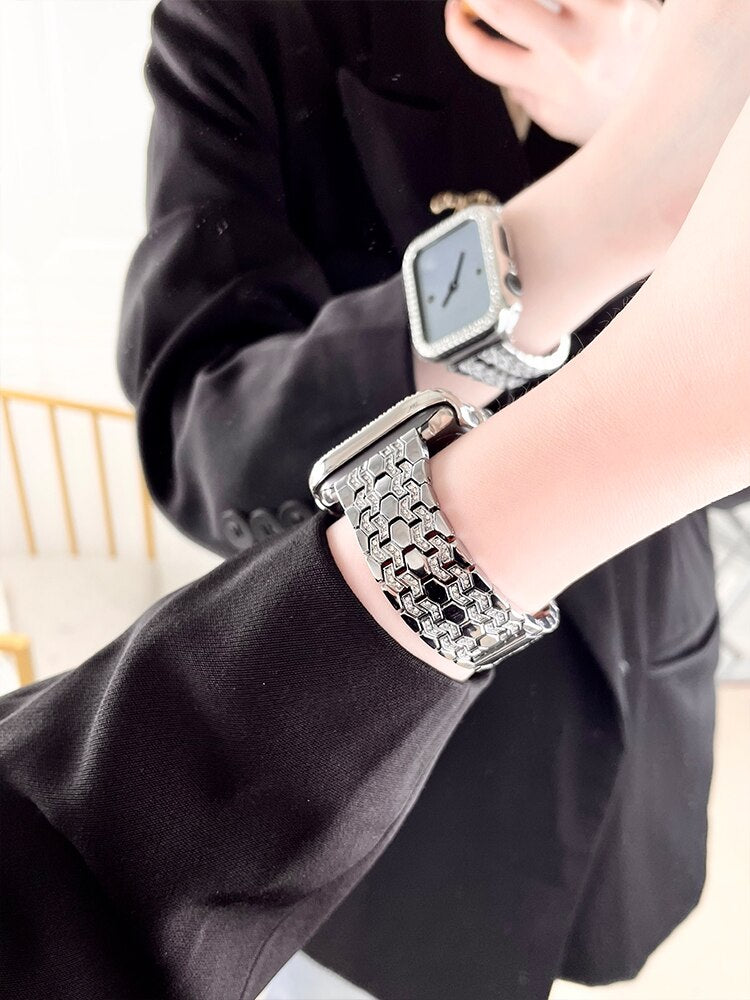 Luxury Diamond Metal Band for Apple Watch 8 41mm 45mm Ultra 49mm Bling Stainless Steel Strap for iWatch SE 7 6 5 4 38 42 40 44mm