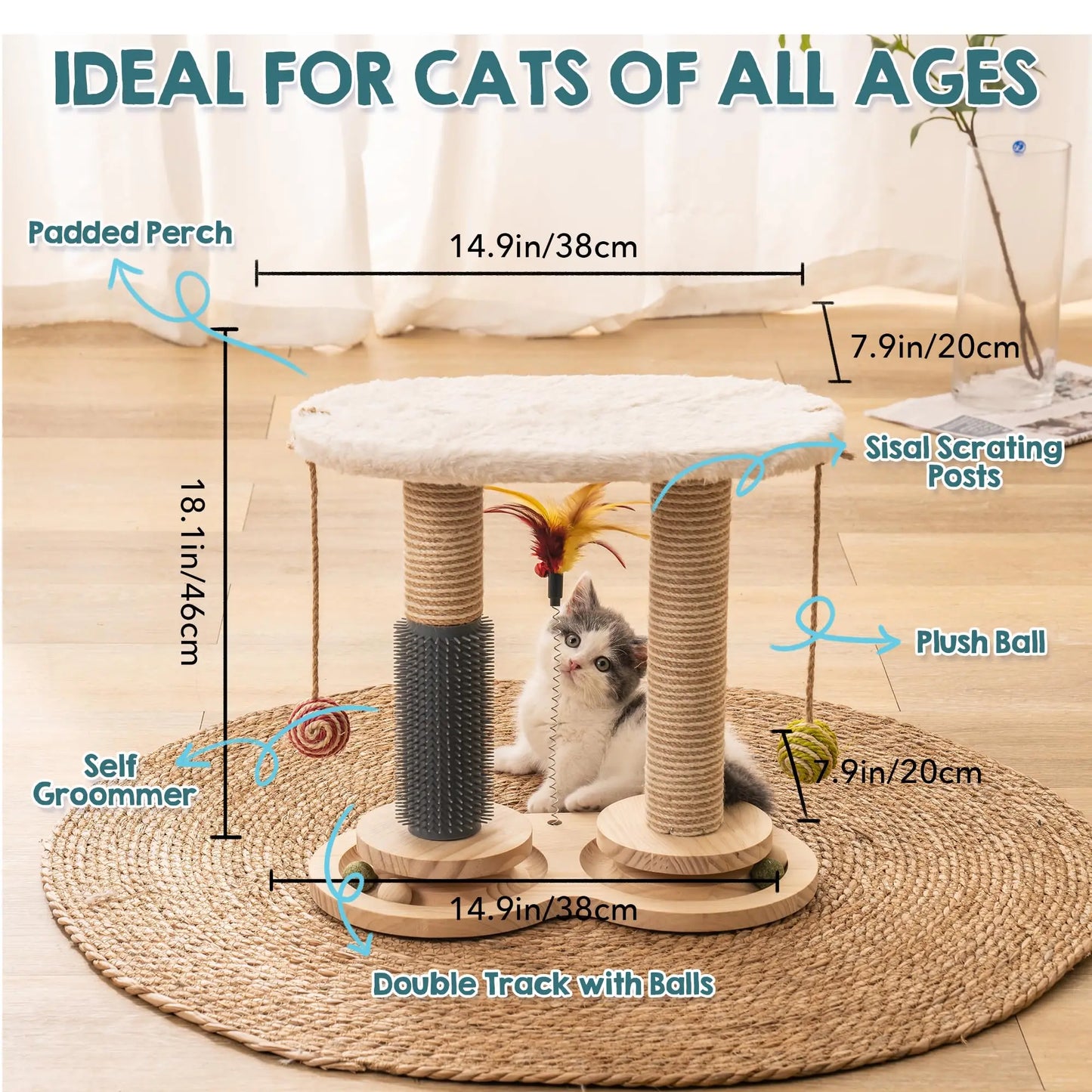 Mewoofun Cat Scratching Post for Indoor Soft Rabbit Fleece Perch for Rest Natural Sisal Scratcher Interactive Kitten Toy Balls