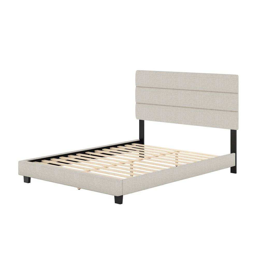 Boyd Sleep Sicily Upholstered Linen Tri Panel Platform Bed Frame with Headboard, Queen, White