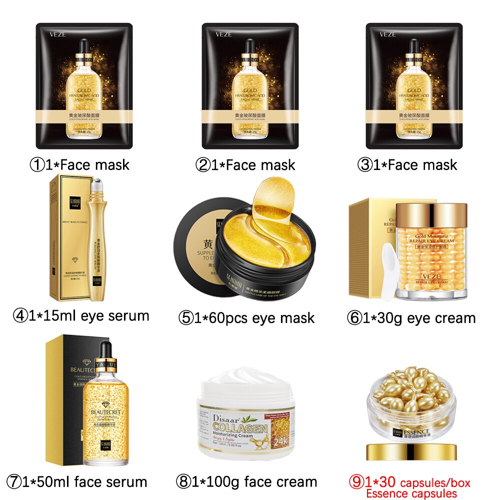 24K Gold Skin Care Sets Nicotinamide Face Serum Collagen Whitening Cream Facial Care Kit Face Mask Korean Face Skincare Product