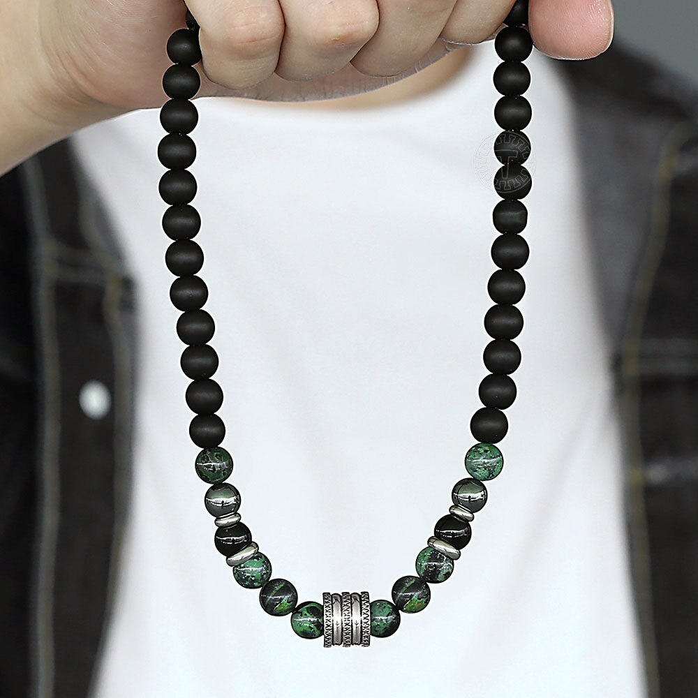 Natural Tiger Eyes Jasper Stone Mens Bead Necklack Unique Beaded Necklace for Men Women Toggle Clasp Stainless Steel TNB00104