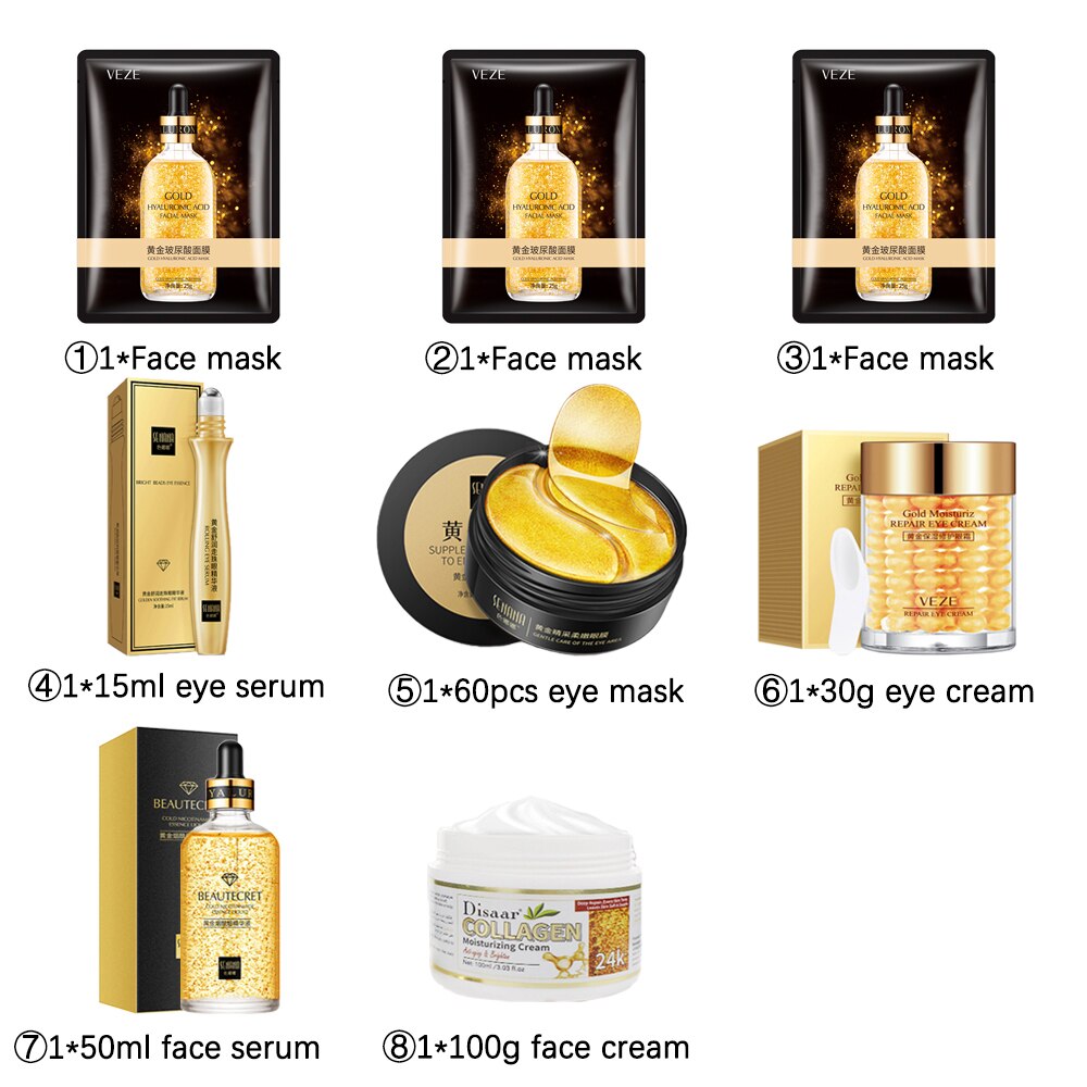 24K Gold Skin Care Sets Nicotinamide Face Serum Collagen Whitening Cream Facial Care Kit Face Mask Korean Face Skincare Product