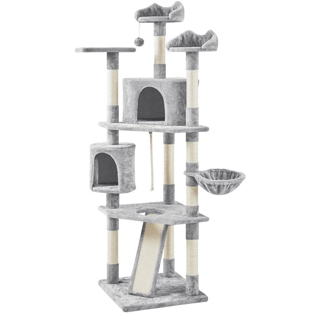 Easyfashion 79&quot; Multilevel Cat Tree Tower with Scratching Posts, Light Gray