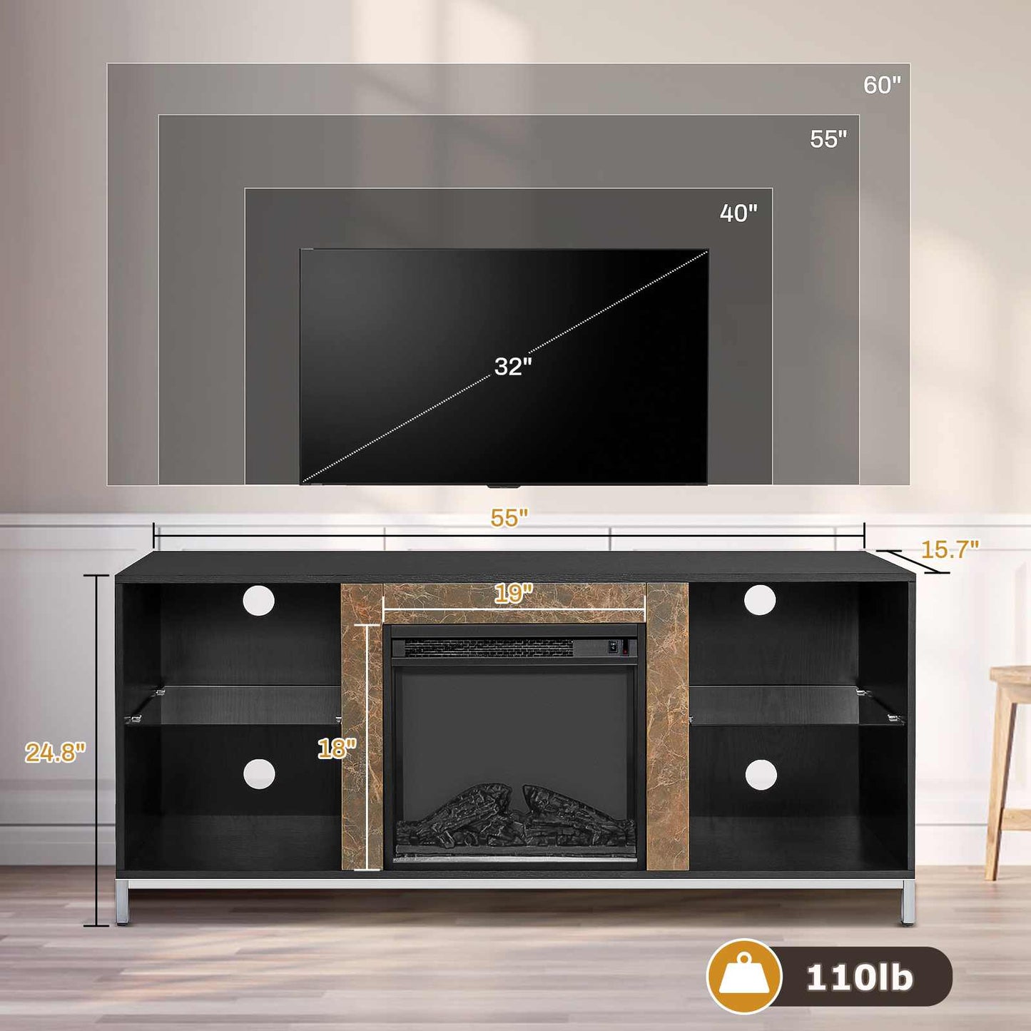 2-IN-1 Design Fireplace TV Stand for TVs up to 60&#39;&#39; Modern Entertainment Center Adjustable Shelf with Home Fireplace US STOCK