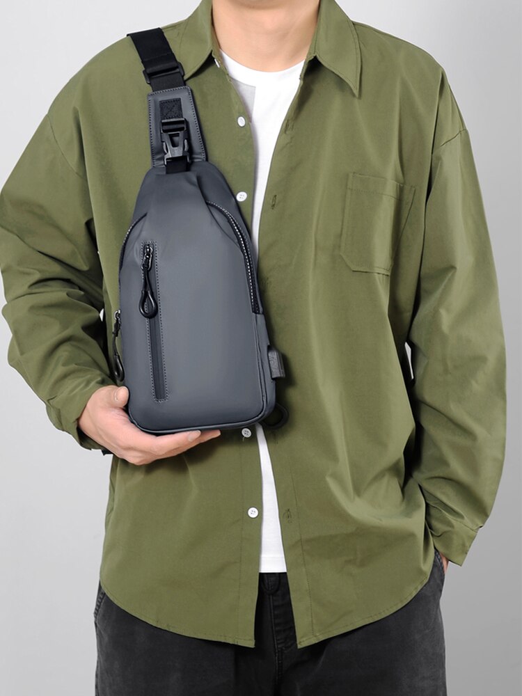 Men's Waterproof Fabric Anti-wrinkle Chest Bag Usb Fashion Simple Commuter Shoulder Bag Outdoor Large Capacity Crossbody Bag