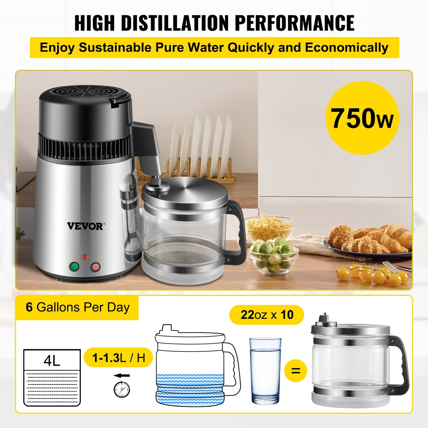 VEVOR 4L Water Filter 304 Stainless Steel Home Water Bottle Drinking Distiller Machine Electric Dental Distillation Purifier