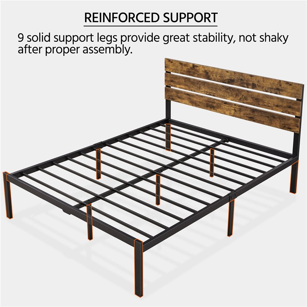 Metal Platform Queen Bed with Wood Headboard