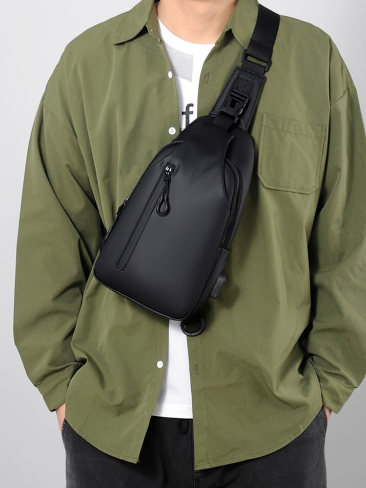 Men's Waterproof Fabric Anti-wrinkle Chest Bag Usb Fashion Simple Commuter Shoulder Bag Outdoor Large Capacity Crossbody Bag