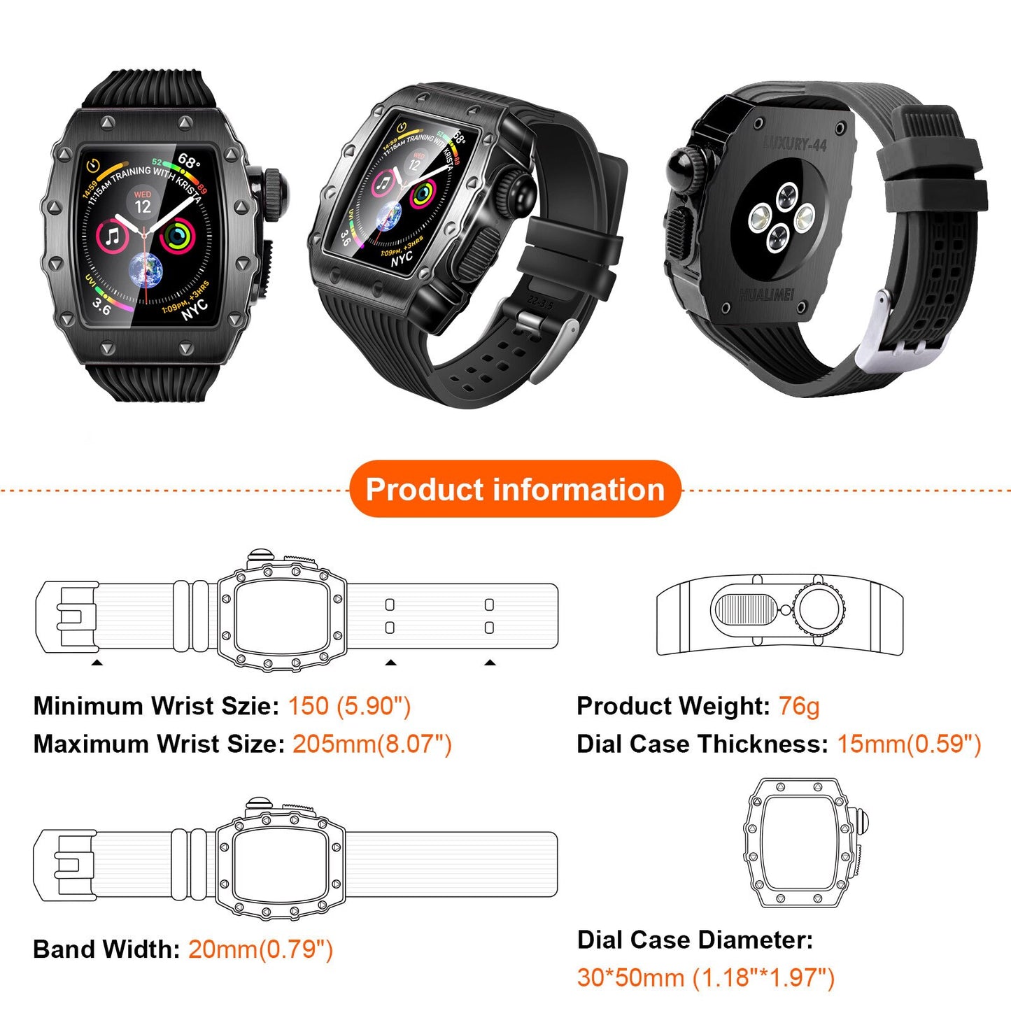 Luxury Modification Case Band for Apple Watch Series 8 7 6 5 4 44mm 45mm Men Rugged Case Silicone Sport Band for iWatch 6/5/4 SE