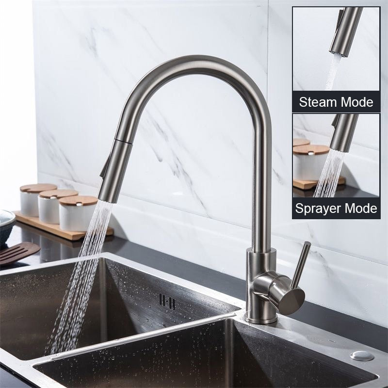 Kitchen Faucets Brushed Nickel Pull Out Spout Stream Sprayer Head Hot Cold Taps Kitchen Sink Water Tap Deck Mounted Mixer Tap