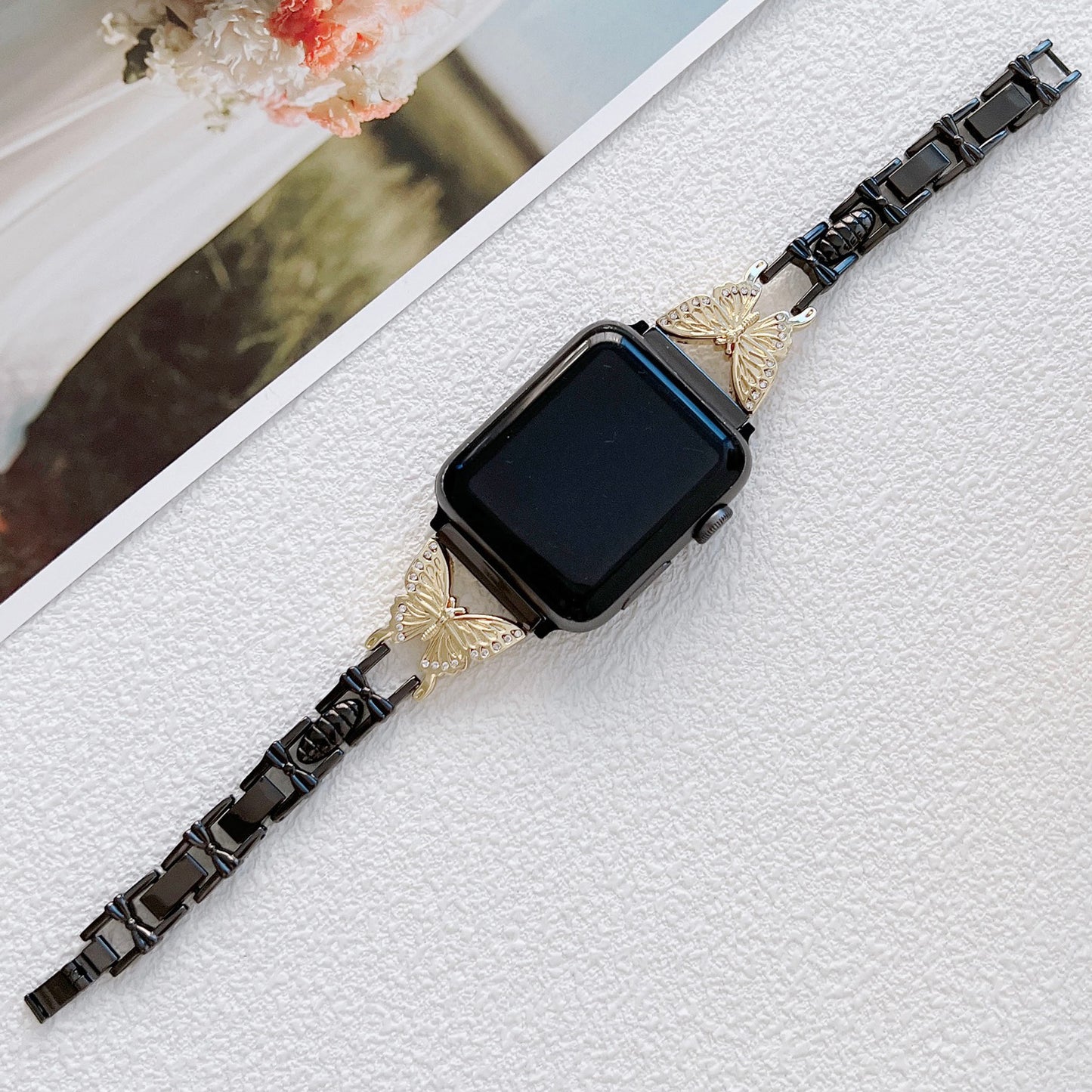 Metal Bling Band For Apple Watch 44 40 38 42mm 41 45 Women Stainless Steel Bracelet Diamond Butterfly For iWatch Series 7 6 543