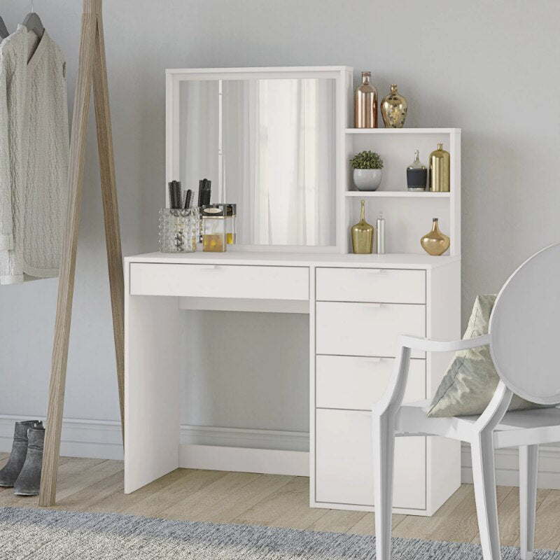 Suzana Compact  Vanity table - 5 Drawers &amp; Shelves in White Finish, for Bedroom makeup table vanity desk