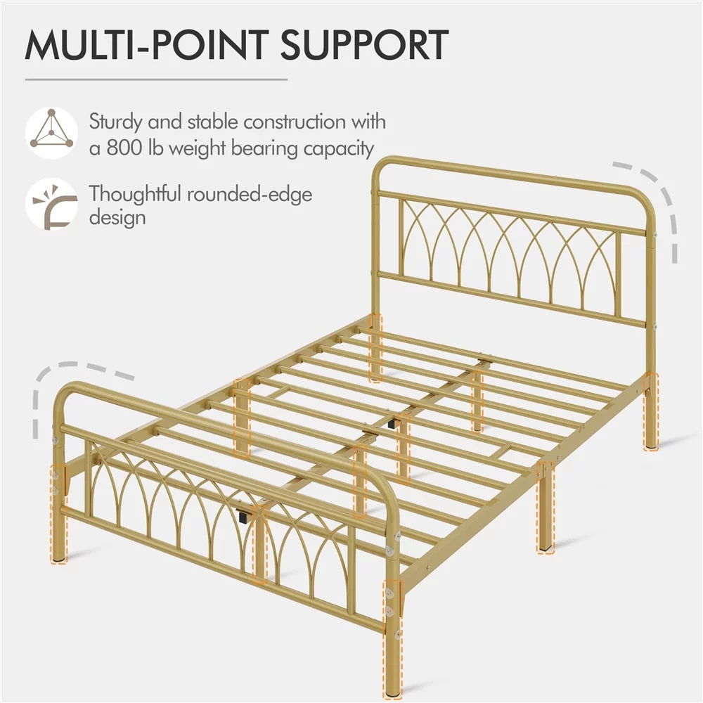 Metal Platform Bed Frame with Headboard and Footboard, Bedroom,Stainless Steel,Durable and Strong, Antique Gold