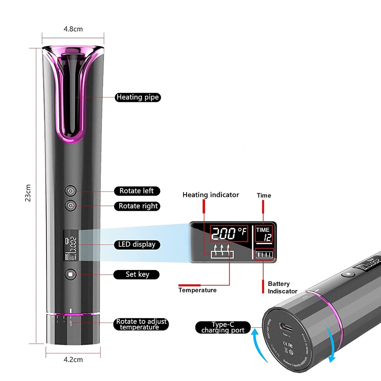 Automatic Curling Iron with 4 Adjustable Temperature, Portable Cordless Curling Iron &amp; LCD Display ,  Full Anti-Scalding