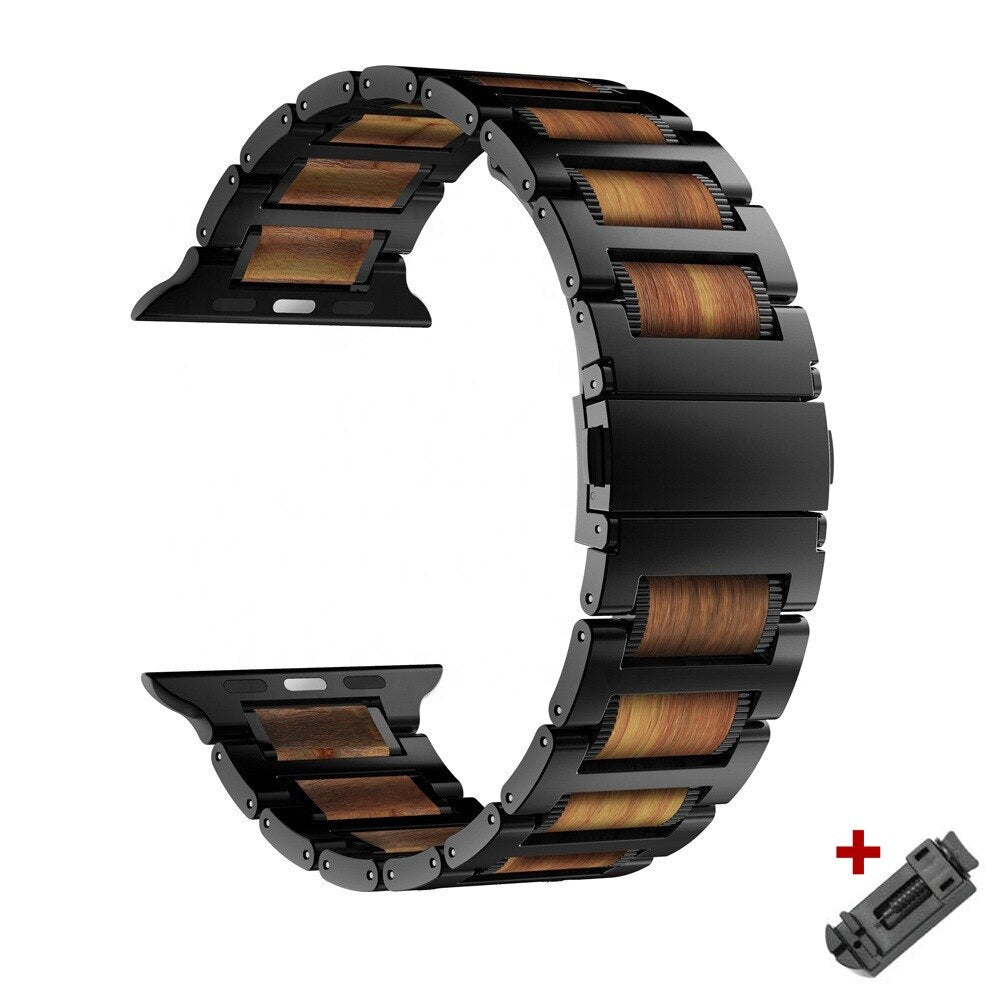 Luxury Wooden Metal Stap For Apple Watch Band Series 38mm 40mm 44mm 42mm 41mm 45mm Wood Steel Bracelet For iWatch 7 6 5 4 3 2 SE