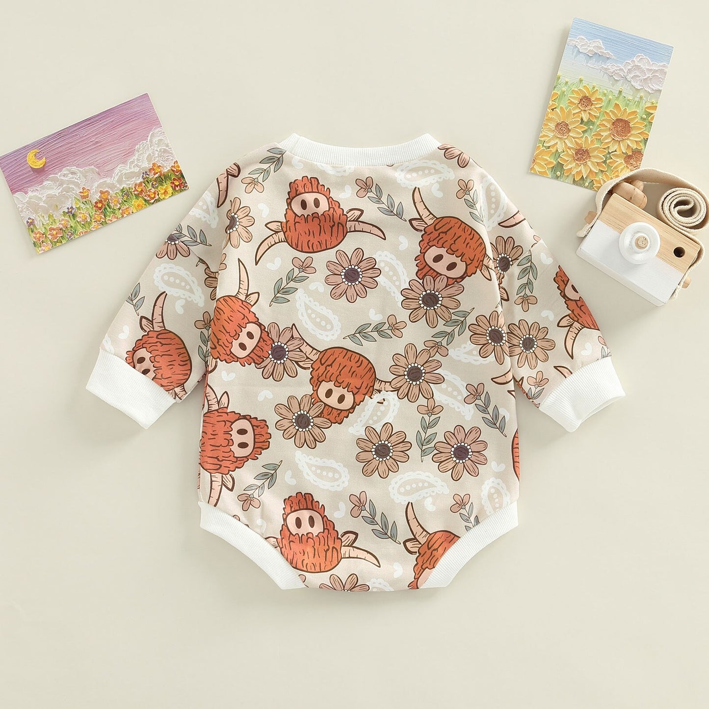 2022-07-22 Lioraitiin 0-24M Newborn Baby Girl Boy Autumn Bodysuit Long Sleeve Cartoon Cow Head Cactus/Floral Print Jumpsuit