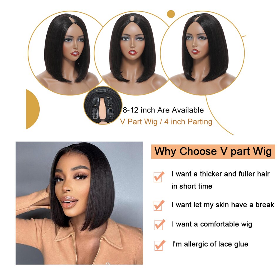 Straight Short Bob Wig V Part Wig Human Hair No Leave Out Thin Part Peruvian Hair Wigs for Women Short Wigs Glueless U Part Wig