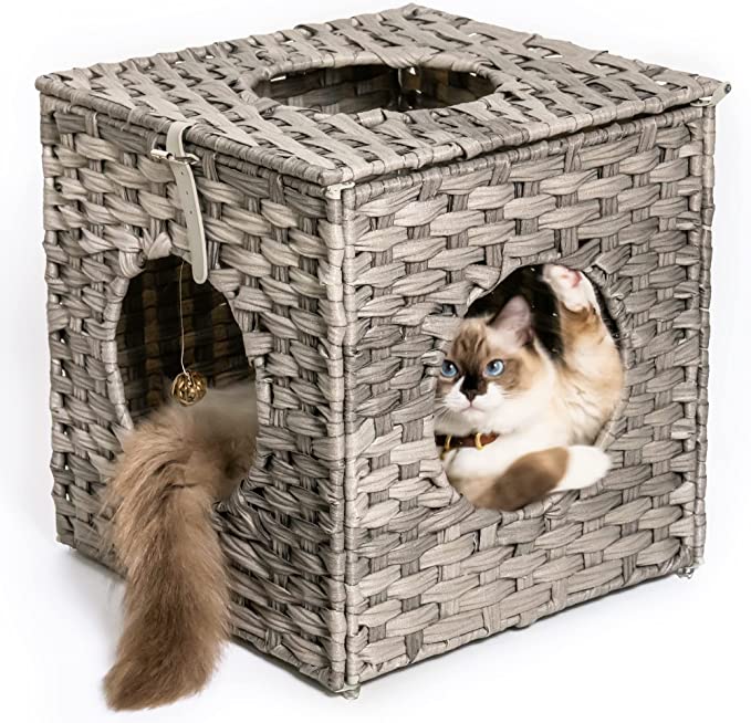 Mewoofun Cat House for Indoor Hand-Woven Wicker Beds Cozy Cave Cat Hideaways 15.75x15.75x15.75 Inches Cat Cages in  US Stock