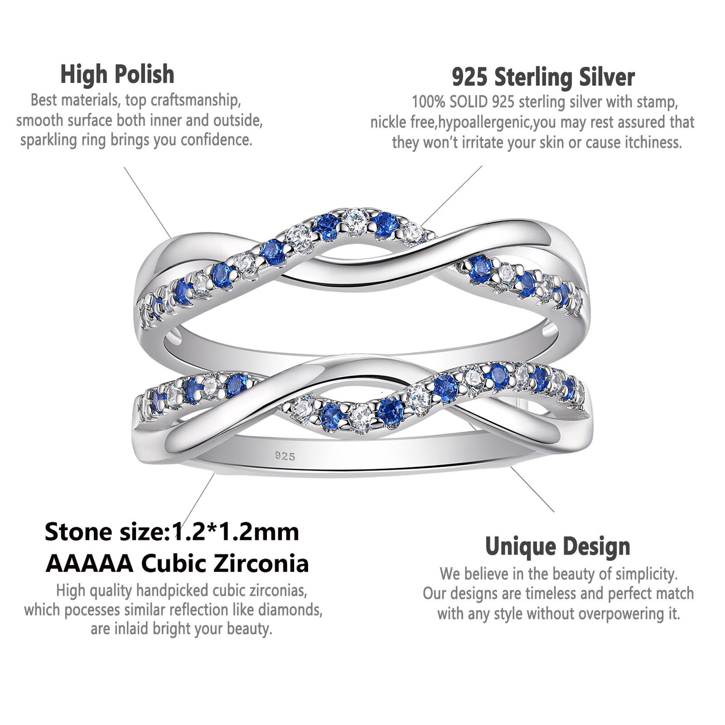 Newshe 925 Sterling Silver Twist Enhancer Wedding Rings for Her Blue and White Cubic Zircon Stacking Luxury Fine Jewelry