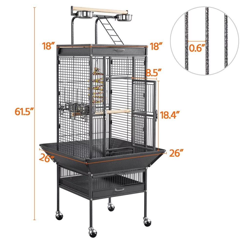 61.5inch Rolling Metal Bird Cage for Cockatiel Lovebird, Durable, Sturdy,Heavy-Duty,Safe,42.3 Lb