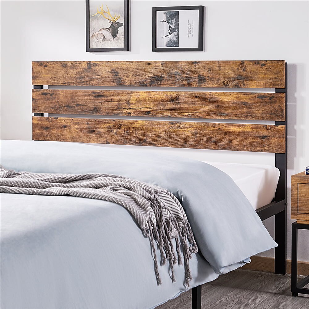 Easyfashion Metal Platform Queen Bed with Wood Headboard