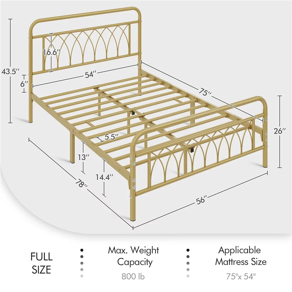 Metal Platform Bed Frame with Headboard and Footboard, Bedroom,Stainless Steel,Durable and Strong, Antique Gold