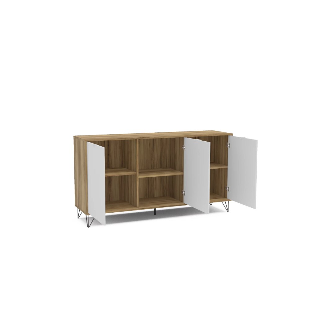 Montreal 59 In. Sideboard with 3 Doors, White &amp; Light Brown Storage Cabinet Kitchen Cabinets