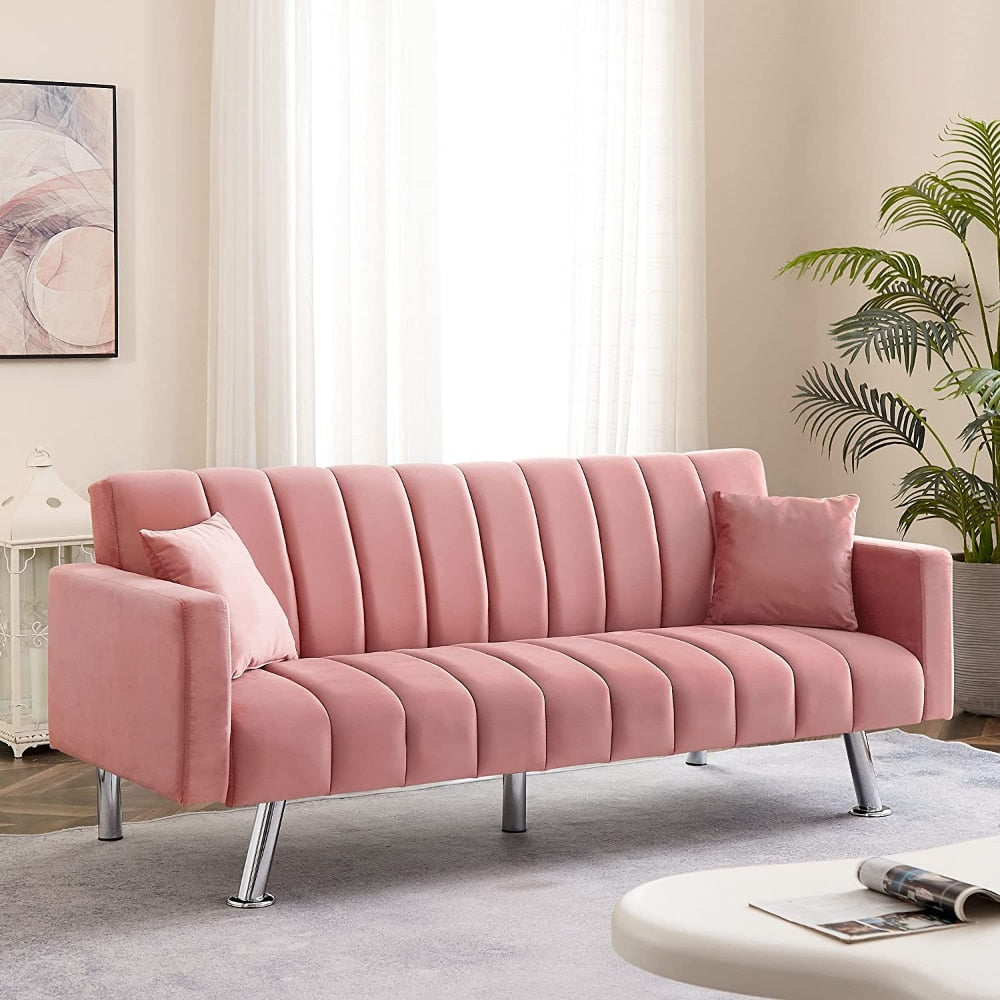 Modern Sleeper Sofa Couch with Wooden Frame and Metal Legs Comfortable Velvet Sofa Suitable for Living Room Bedroom Office