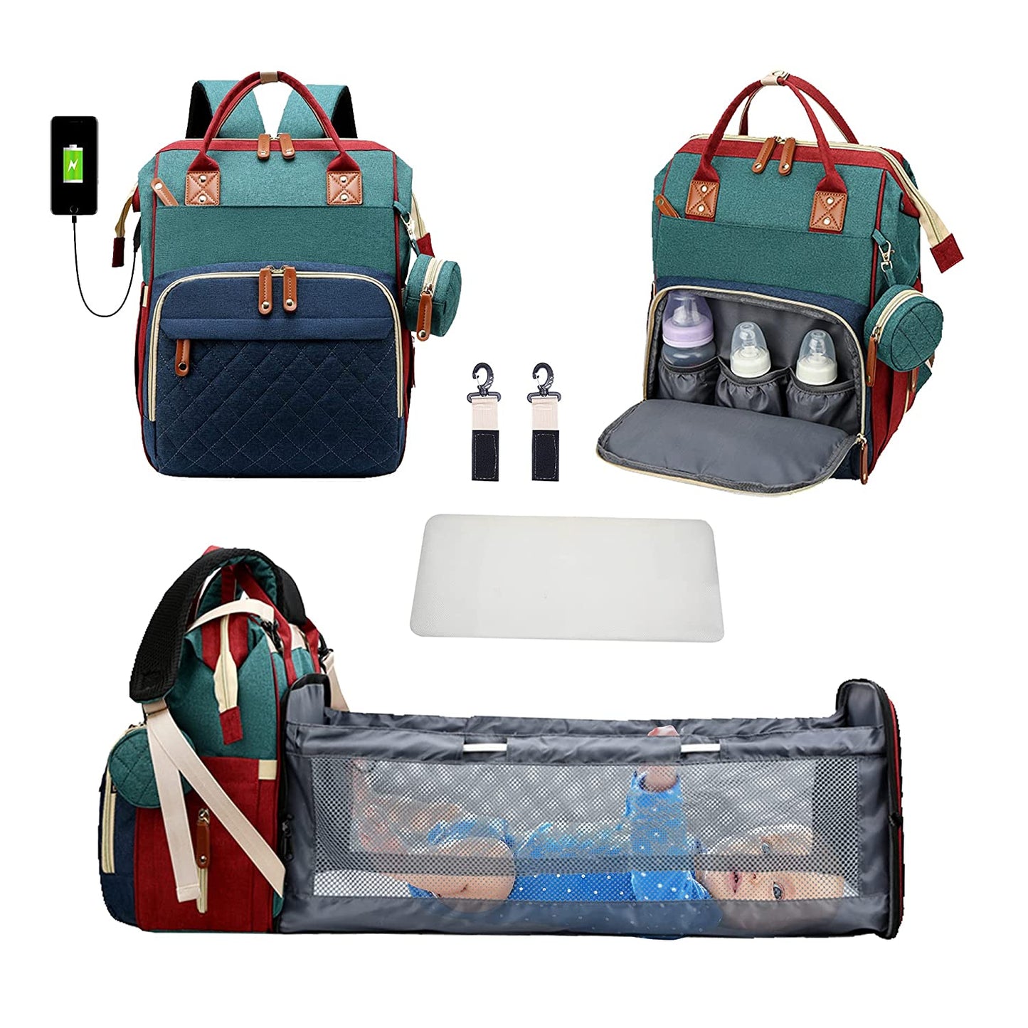 3 In 1 Diaper Bag Backpack Foldable Baby Bed Waterproof Travel Bag with USB Charge Diaper Bag Backpack with Changing Bed 3 types