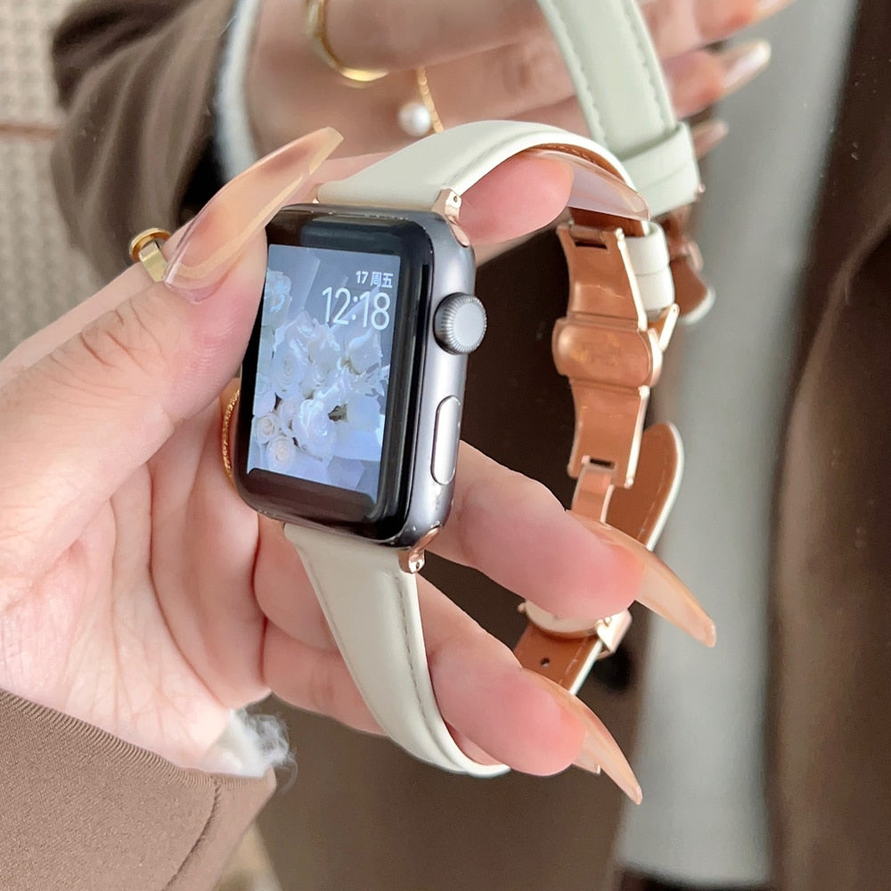 Leather Strap for Apple Watch Series 8 7 SE 6 5 4 3 2 Ultra 49mm Butterfly Buckle Lady Bracelet for iWatch 41 45mm 44 40 38 42MM