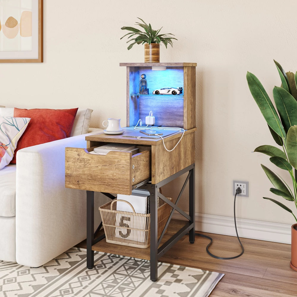 End Table with LED Lights &amp; Charging Station, Weathered Rustic Oak bed side table  bedstand