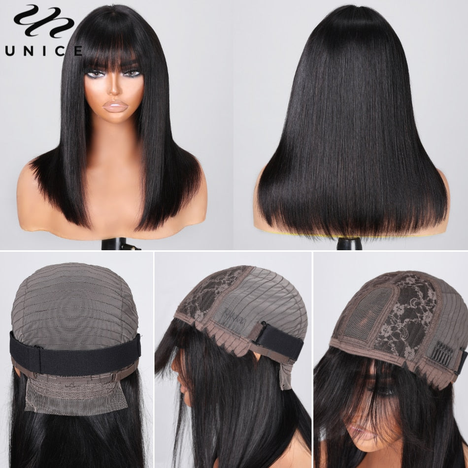 UNice Hair Wear Go Straight Bob Wig With Bang 3x1 Lace Wig Pre Plucked Middle Part Human Hair Wigs for Women Glueless Wig