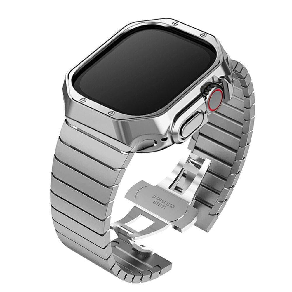 Stainless Steel Link Bracelet For Apple Watch Ultra 49mm TPU Case+Band 8 7 45mm 41mm Strap for iWatch 6 SE 5 4 3 42 44mm 38 40mm