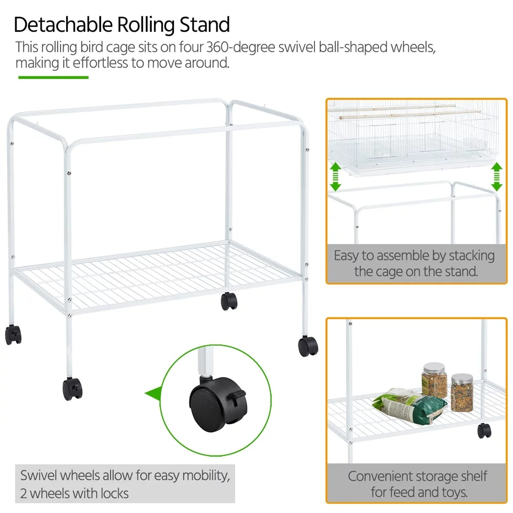 47&quot;H Rolling Stand Flight Bird Cage with Slide-out Tray for Small Birds, 20.3 Lb, Iron, Plastic, Wood