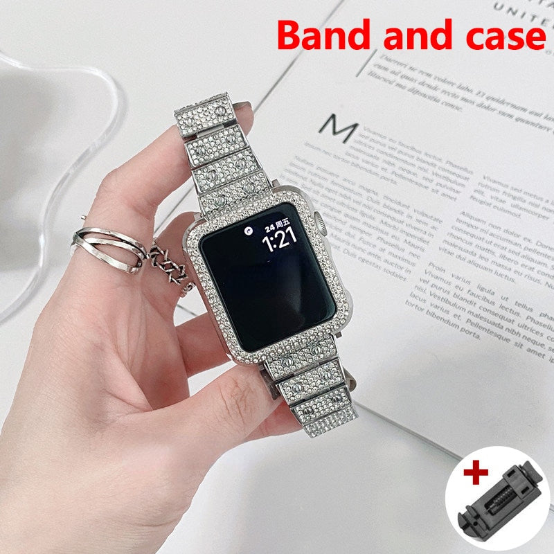 Luxury Diamond Band For Apple Watch 8 7 41 45mm Ultra 49mm For iWatch Series 6 SE 5 4 38 40 42 44mm Women Stainless Steel Strap