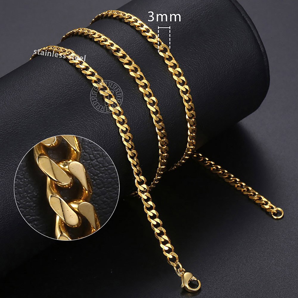 3mm/5mm/7mm Cuban Link Chain for Men Women Gold Color Stainless Steel Necklace Choker Basic Punk Jewelry 16inch-24inch