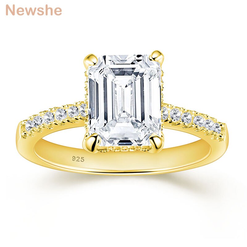 Newshe Yellow /Rose Gold Solid 925 Silver 3 Carat Emerald Cut Engagement Rings for Women CZ Simulated Diamond Fine Jewelry