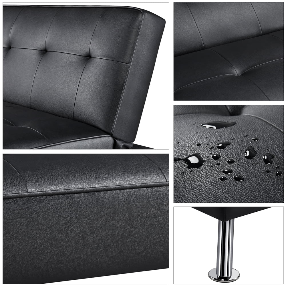 2023 New Easyfashion Convertible Black Faux Leather Futon Sofa Bed, Black/White