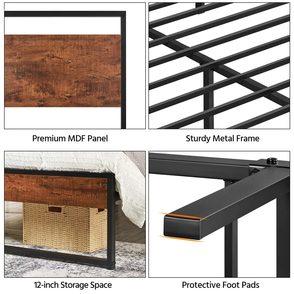 Rustic Metal Frame Base Platform Bed with Slat Support, Rustic Brown,Durable and Strong， Indoor