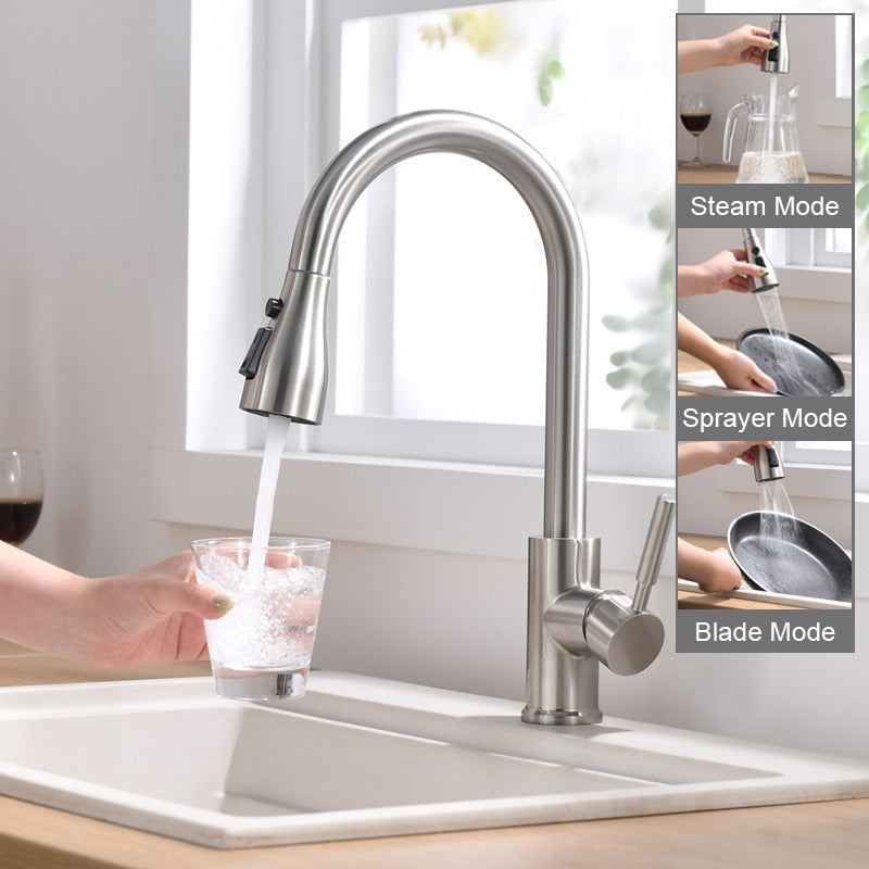 Kitchen Faucets Brushed Nickel Pull Out Spout Stream Sprayer Head Hot Cold Taps Kitchen Sink Water Tap Deck Mounted Mixer Tap