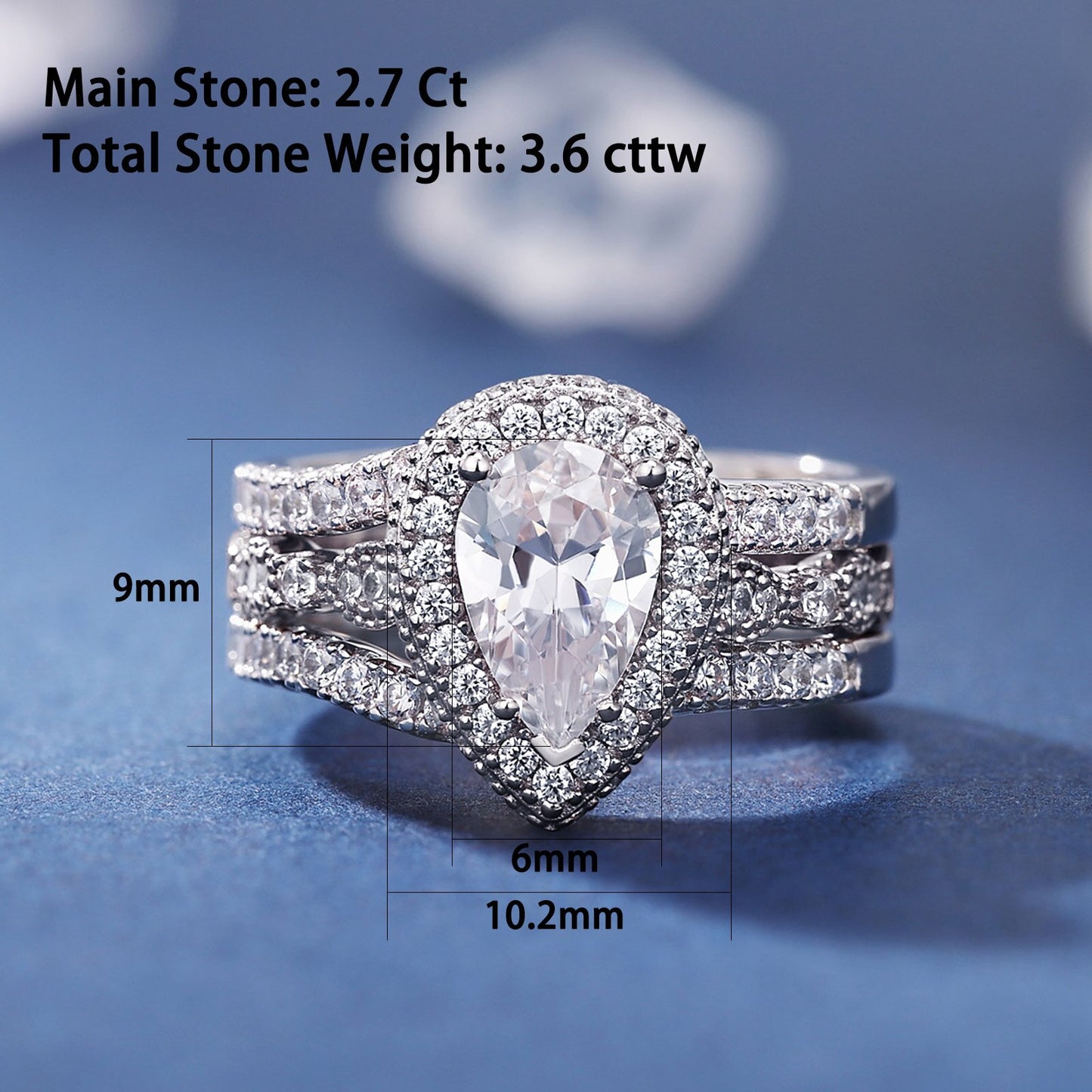 Newshe 2 Pieces 925 Sterling Silver Engagement Ring Enhancer Wedding Band for Women Pear Cut AAAAA Zircon Jewelry Size 4-13