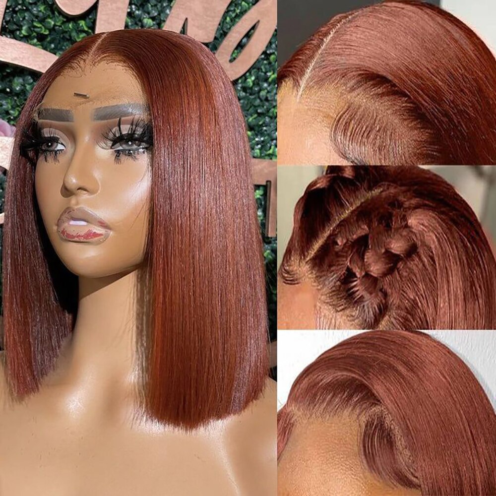 Reddish Brown Bob Wig Human Hair Short Straight Brown Bob Lace Front Wigs Human Hair 13X4 HD Transparent Lace Wigs Colored