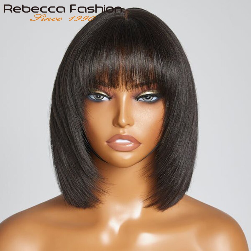 Straight Bob Wigs Short Cut Human Hair Wigs With Fringe for Women Straight Brazilian Hair Bob Wigs With Bangs Highlight Brown