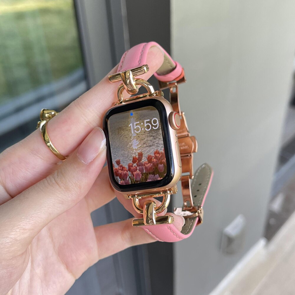 Leather Women Bracelet for Apple Watch Ultra 49mm 41 45mm 38 40mm 42 44MM Butterfly Buckle Band for iWatch Series 8 7 6 SE 5 4 3