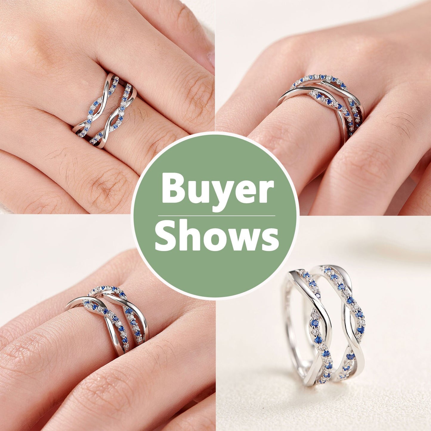 Newshe 925 Sterling Silver Twist Enhancer Wedding Rings for Her Blue and White Cubic Zircon Stacking Luxury Fine Jewelry