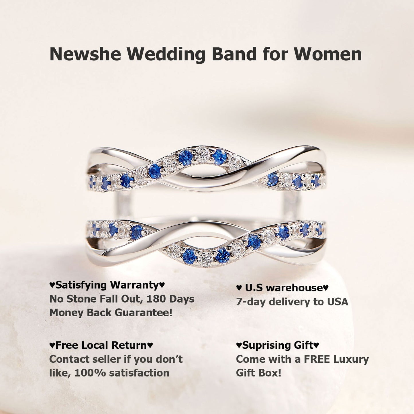 Newshe 925 Sterling Silver Twist Enhancer Wedding Rings for Her Blue and White Cubic Zircon Stacking Luxury Fine Jewelry