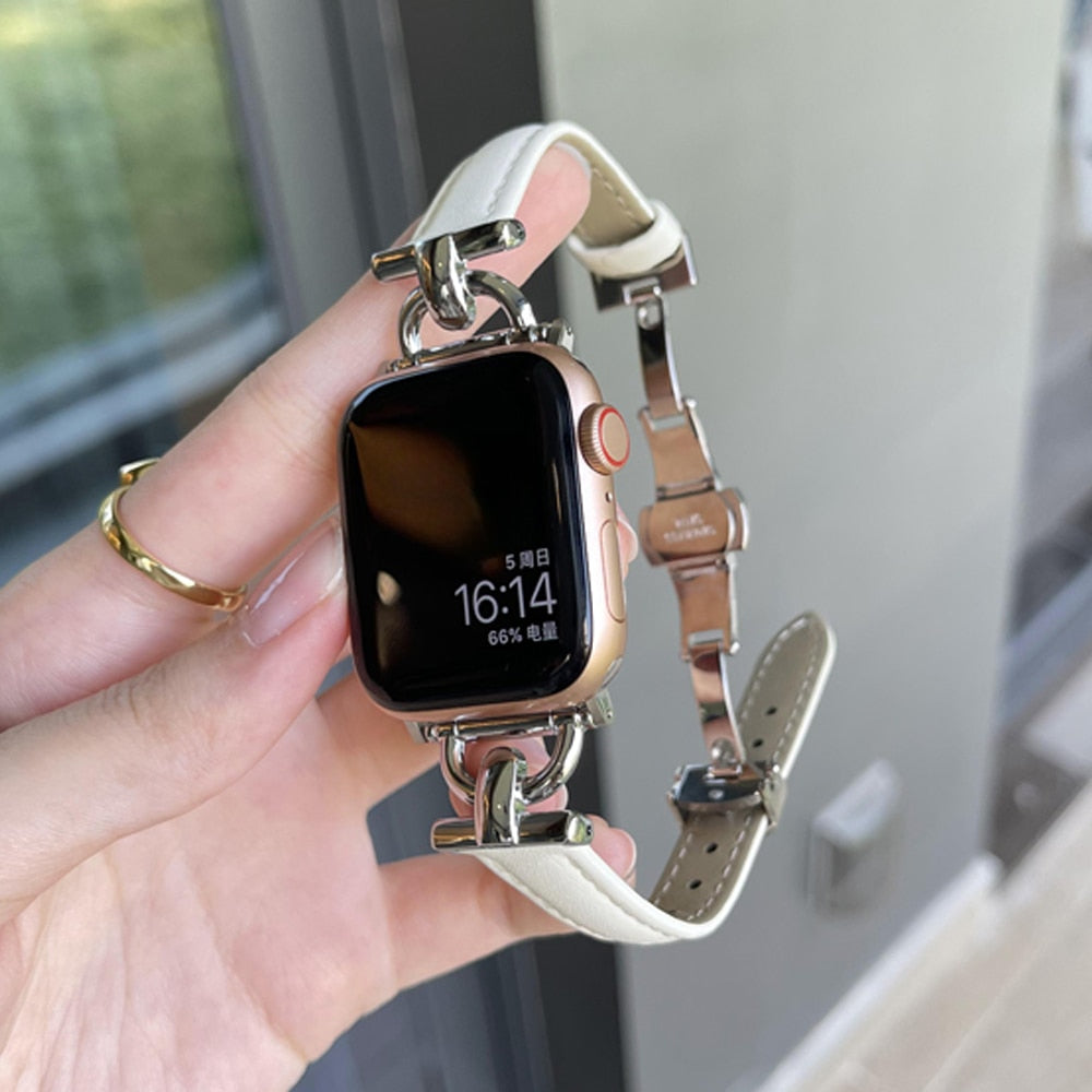 Leather Women Bracelet for Apple Watch Ultra 49mm 41 45mm 38 40mm 42 44MM Butterfly Buckle Band for iWatch Series 8 7 6 SE 5 4 3