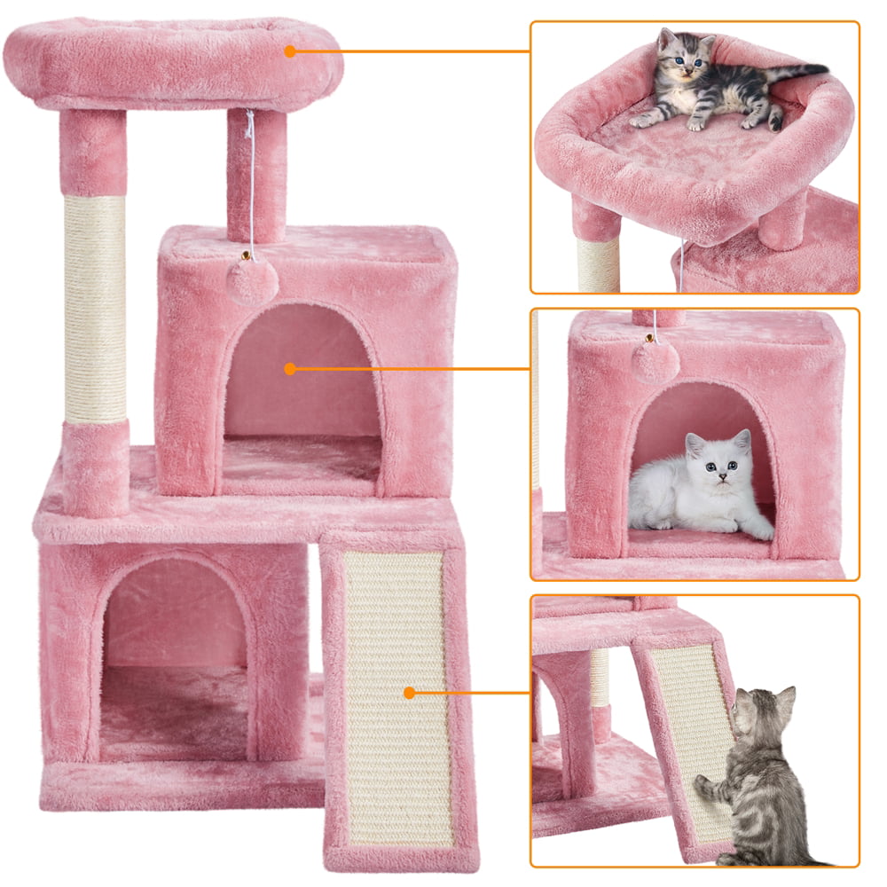 Easyfashion Multilevel Plush Cat Tree with Double Condos and Furry Ball for Cats, Kittens, Pink