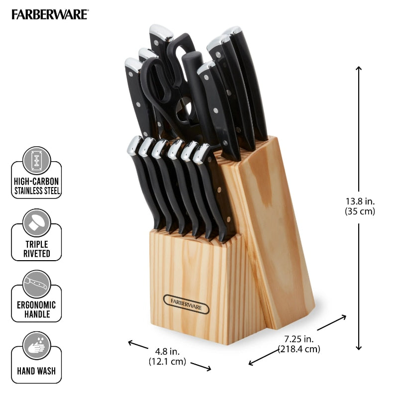 Farberware 15-Piece Triple Rivet Kitchen Knife Block Set with Natural Wood Block and Black Handles knives set